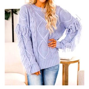 💕Lt Blue Cable Knit Fringe Sweater Small New